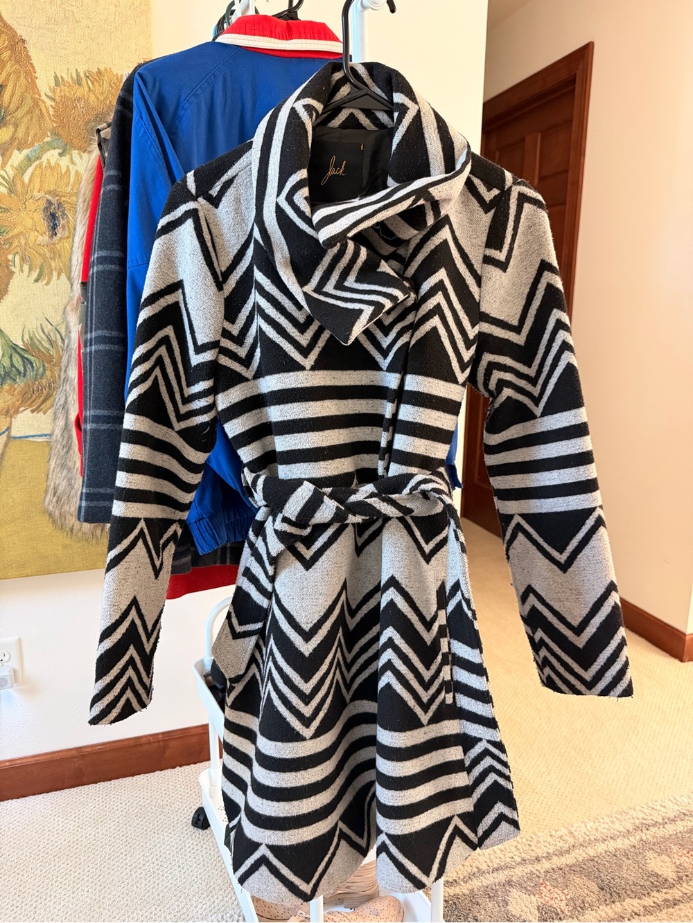Jack by BB Dakota Black and White Geometric Belted Long Sleeve Dress